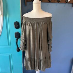 Off-Shoulder Olive Green Dress with Ruffle Sleeves